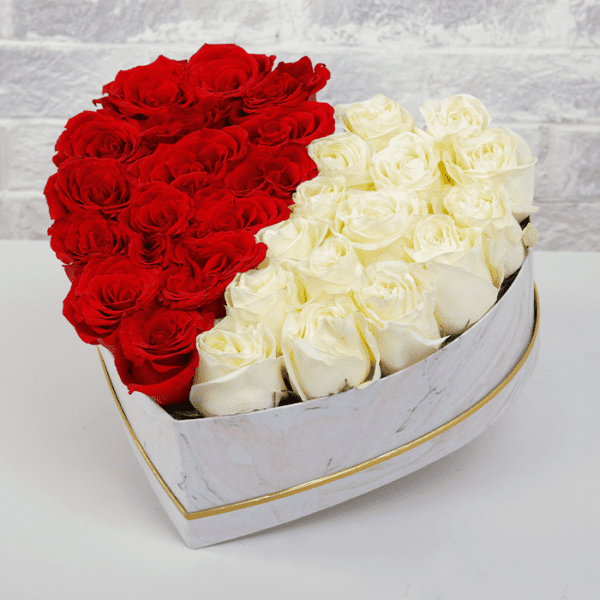 Red and White Roses in a heart shape box