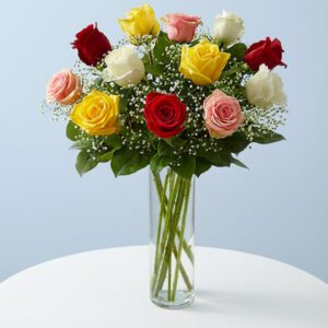 A vase filled with a vibrant rainbow bouquet of multi-colored roses, showcasing a variety of hues and textures