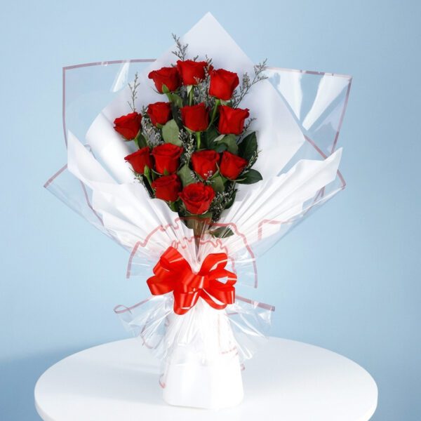 red-butterfly-2026 A bouquet of vibrant red roses wrapped in clear plastic, showcasing their lush petals and green stems.