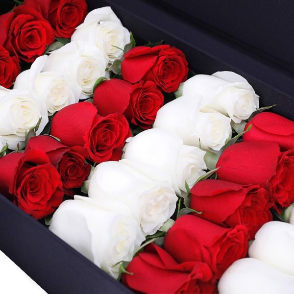 red roses in a black box