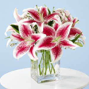 A vase filled with fragrant pink and white lilies, showcasing their delicate petals and vibrant colors.