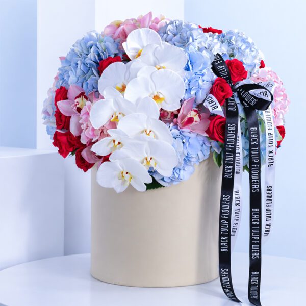 A flower box featuring 10 blue hydrangeas, 5 pink hydrangeas, 40 dark pink roses, 1 white phalaenopsis, and 1 pink cymbidium.