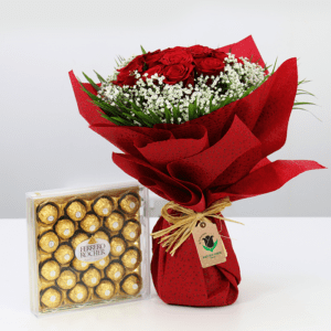 red roses bouquet and 24 piece ferrero
