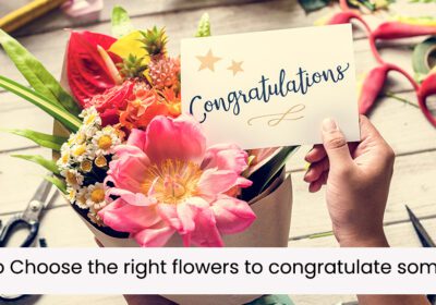 A person is holding a card with the word "Congratulations" written on it. The card is placed on top of a bouquet of colorful flowers, which includes pink peonies, white daisies, and other vibrant blooms. The flowers are arranged on a wooden table with various floral arrangement tools scattered around, such as scissors and tape. The text "How to Choose the right flowers to congratulate someone?" is displayed below the image.