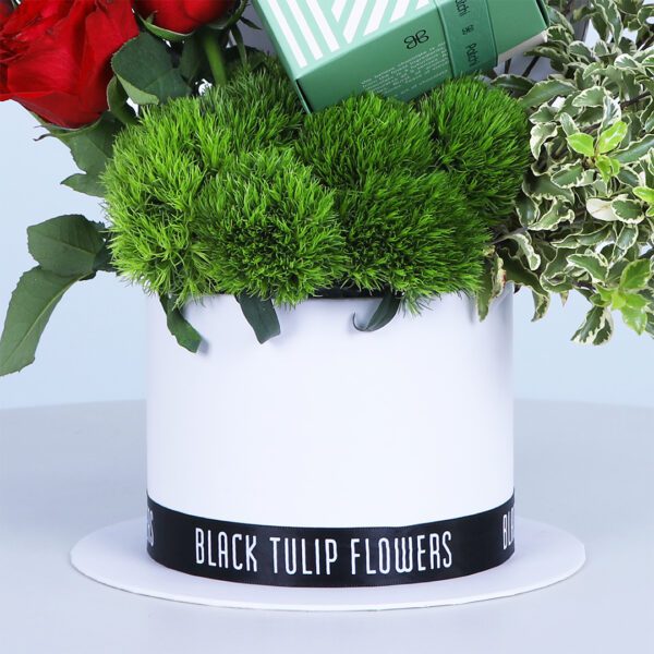 10 Red Rose and green tricks arrangement in a white box with a chocolate box