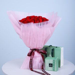 56 premium red roses arranged in a stunning bouquet, perfect for expressing love and affection.