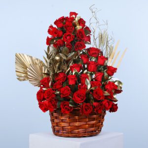 Romantic Grand Basket Arrangement with 50 Red Roses for Valentine's Day