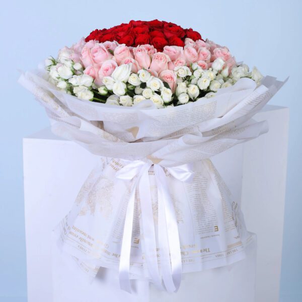 A large bouquet of red, pink, and white roses wrapped in white paper with a ribbon.