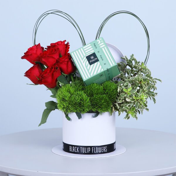 10 Red Rose and green tricks arrangement in a white box with a chocolate box