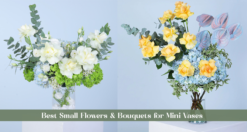 "Charming small flowers and petite bouquets arranged in mini vases, perfect for compact spaces and subtle decor."