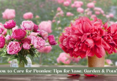 Peonies displayed in vase, garden, and pot with care tips.