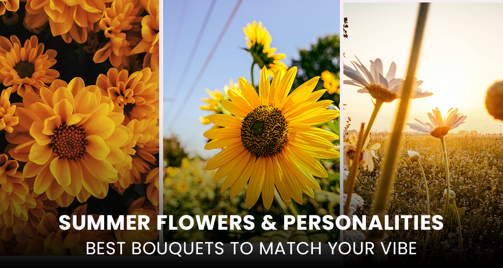 A vibrant summer bouquet featuring sunflowers, daisies, and peonies, arranged to reflect different personality types—from bold and adventurous to calm and romantic.