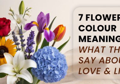 7 flower colors showing love & life — red, pink, white, yellow, orange, purple, blue.