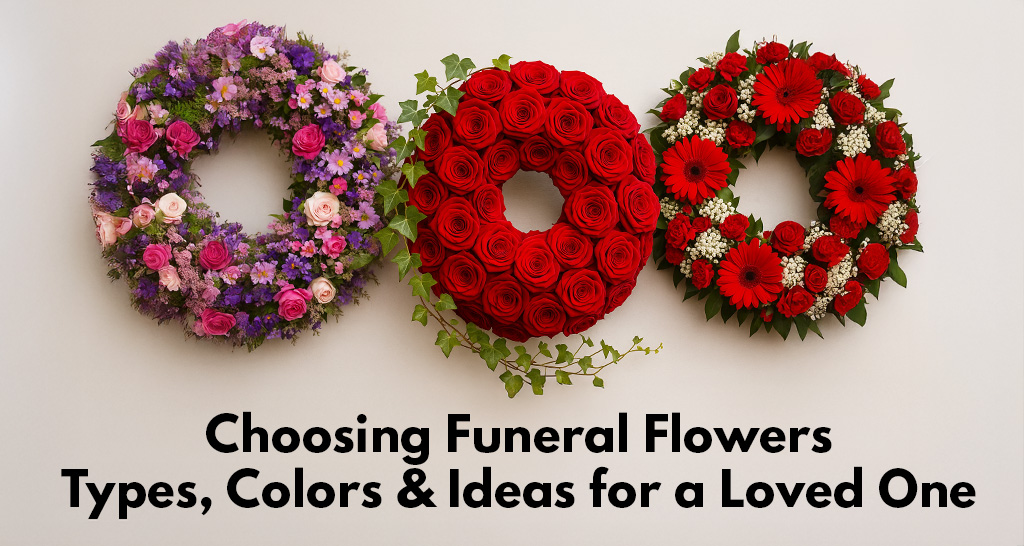 Assorted funeral flower arrangements in various colors and styles to honor a loved one