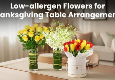 Low-allergen flowers arranged elegantly for a Thanksgiving table, featuring roses, orchids, and hydrangeas