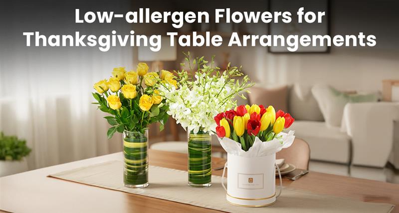 Low-allergen flowers arranged elegantly for a Thanksgiving table, featuring roses, orchids, and hydrangeas