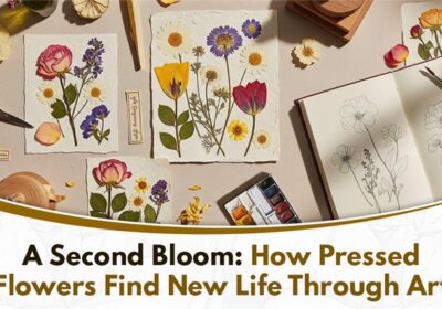 “An arrangement of delicately pressed flowers displayed on textured paper, showing petals and leaves preserved in soft, natural colors, representing how dried blooms are transformed into artistic creations.”