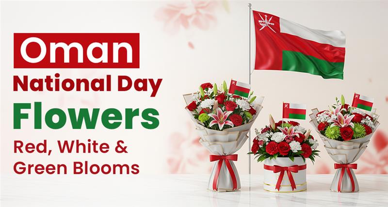 Oman National Day themed flowers in red, white and green representing patriotism and celebration.