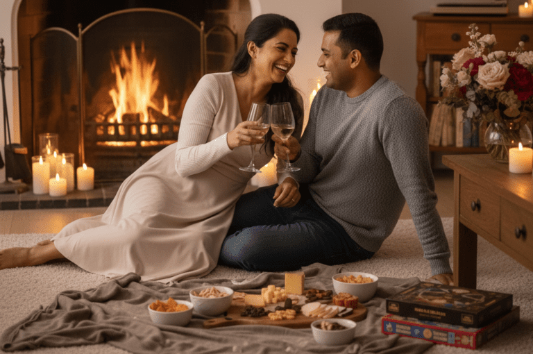 Romantic couple ending the night together in a peaceful home.