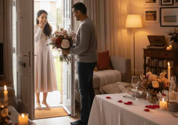Couple reacting with smiles during the beautiful unveiling of a romantic home setup
