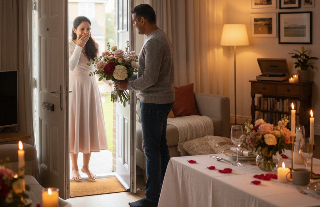Couple reacting with smiles during the beautiful unveiling of a romantic home setup