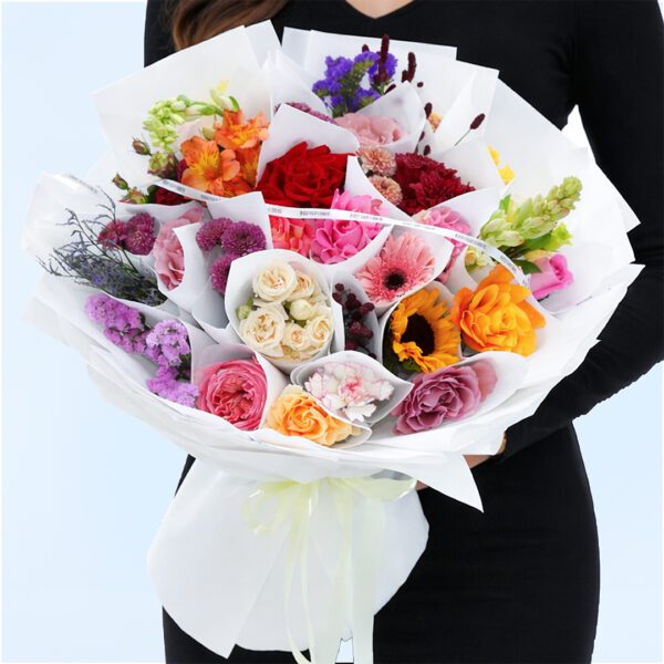 Radiant mixed flower bouquet with roses, sunflower, carnations, lisianthus, chrysanthemum, and fillers, hand-tied for gifting