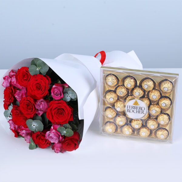 Red and deep purple rose bouquet paired with Ferrero Rocher chocolates in a premium gift arrangement