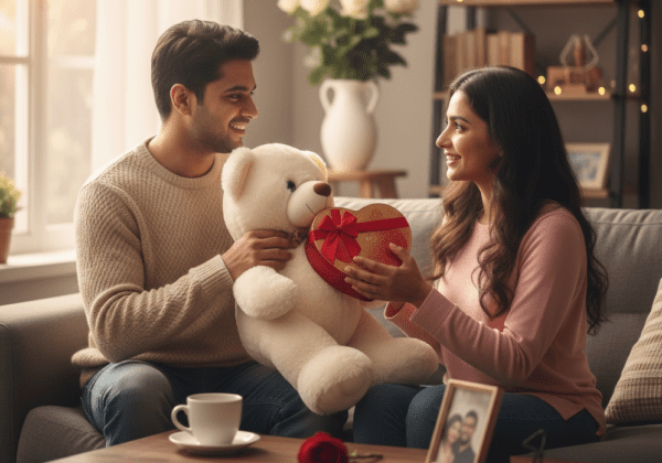 Valentine’s Day chocolates and teddy bear gift symbolizing comfort and affection