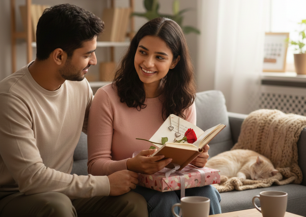 Thoughtful gift gesture expressing emotional connection and making her feel truly seen