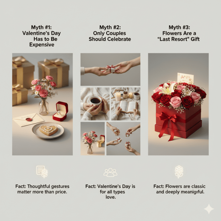 A split-view image contrasting commercialized Valentine's expectations with authentic, warm reality. The left side shows luxury gifts and red roses, while the right features a cozy scene with a handwritten note and coffee.