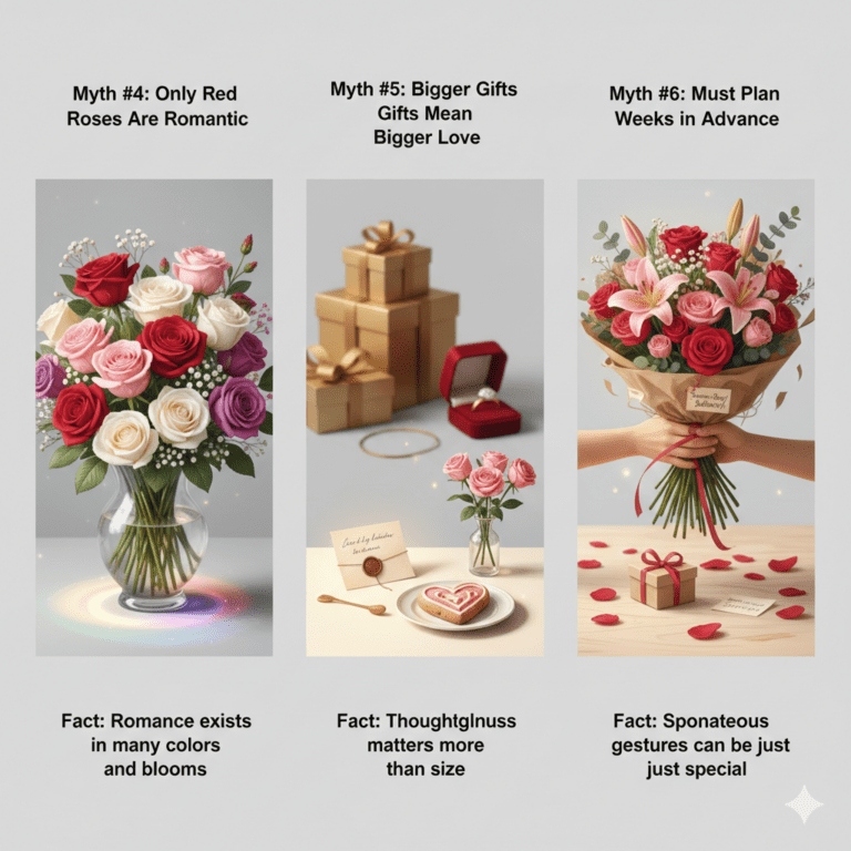 A visually intuitive guide showing that romance exists in many colors, thoughtfulness outweighs gift size, and spontaneous gestures are special. The illustration features colorful mixed bouquets, a contrast between large and small gifts, and a hand-delivered surprise bouquet.