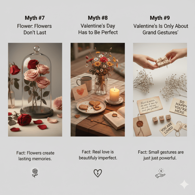 A three-column infographic debunking Valentine's Day myths with realistic imagery of preserved flowers, cozy reading nooks, and small gifts. The bottom text highlights that flowers create lasting memories, real love is imperfect, and small gestures are powerful.