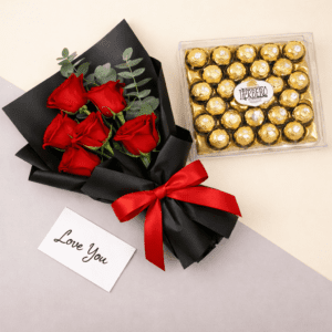 Red roses in black wrap with Love note and Ferrero chocolate combo