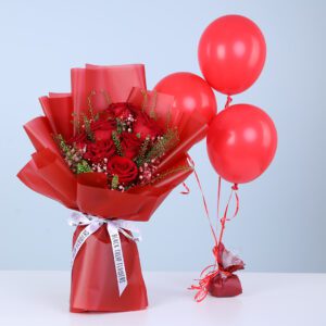 Valentine bloom bouquet with red roses, gypsophila, lipidium, and red balloons