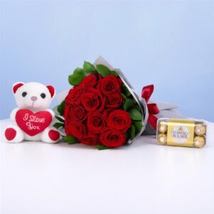 Romantic Valentine combo of 15 red roses, Ferrero Rocher, and white teddy
