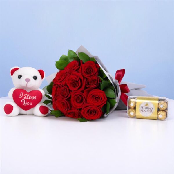 Romantic Valentine combo of 15 red roses, Ferrero Rocher, and white teddy