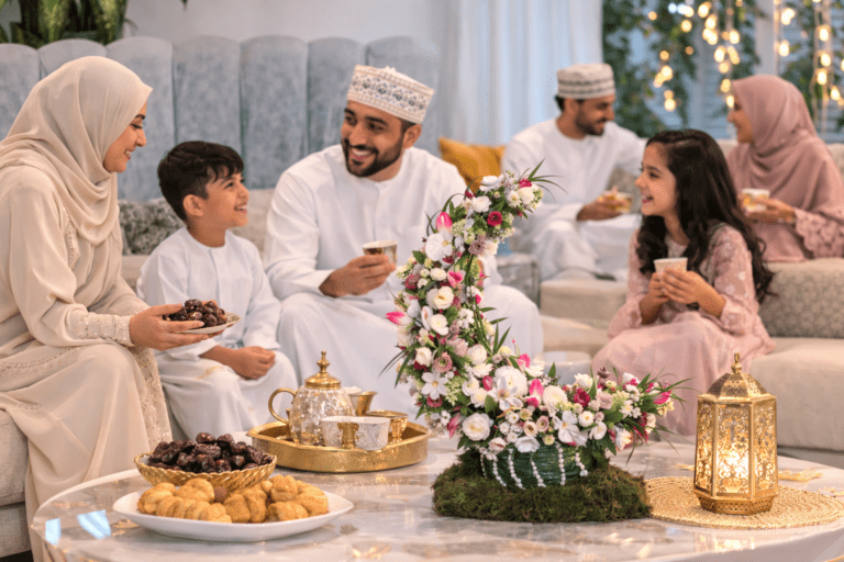 A Muslim family sitting together at a dining table, sharing a meal and engaging in lively conversation.