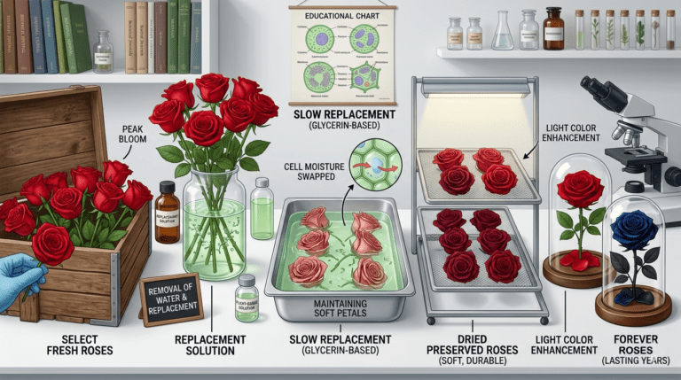 Step-by-step process of making preserved roses from fresh flowers