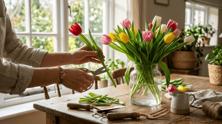 Fresh tulip flowers in a vase with water being cared for in spring.