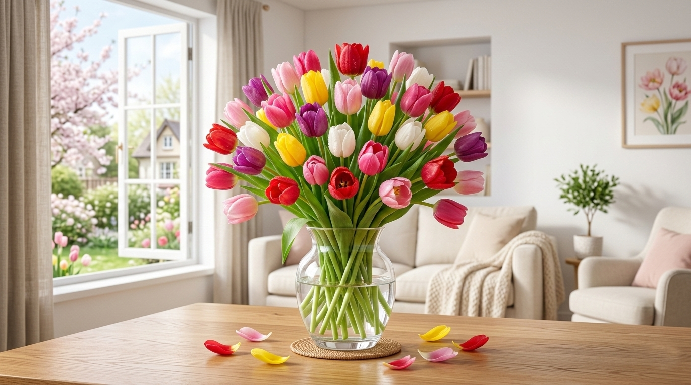 A vibrant field of colorful tulips blooming beautifully in spring.