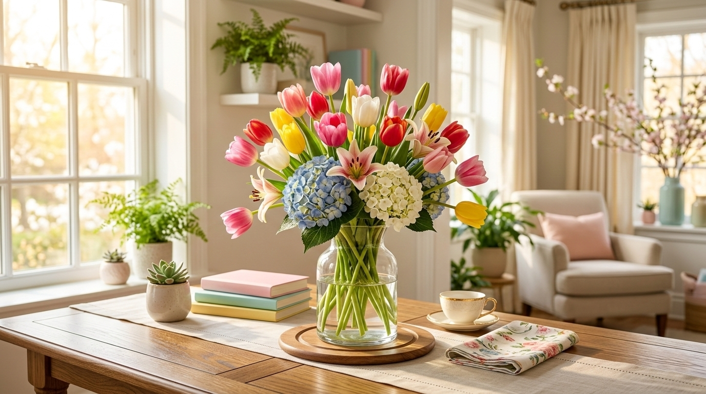 Beautiful tulip flower arrangement in a vase perfect for a spring gift.
