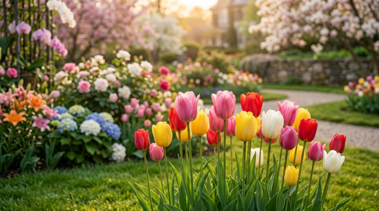 Beautiful tulips blooming among different flowers in a spring landscape.