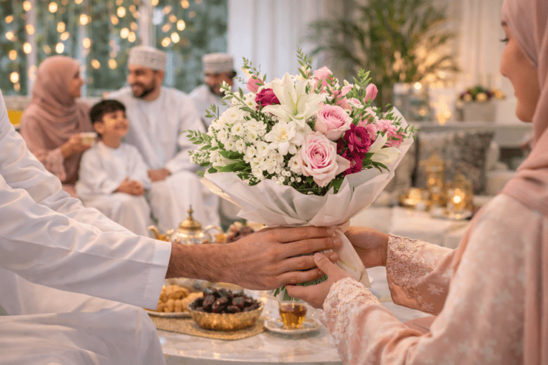 A Muslim family gathers around a table, enjoying a traditional Arabian meal to celebrate the Eid together.