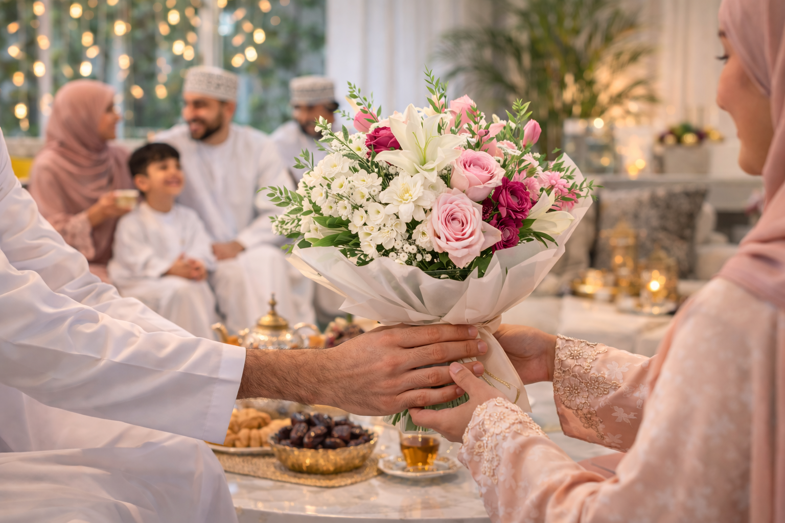 A Muslim family gathers around a table, enjoying a traditional Arabian meal to celebrate the Eid together.