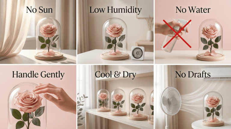 Forever rose care tips showing preserved roses kept in a cool dry place"