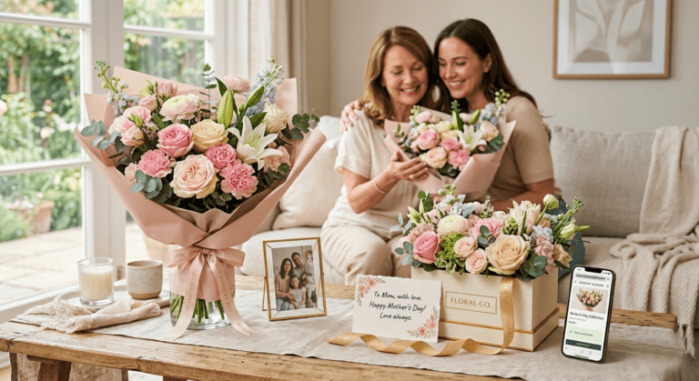 Mother’s Day gifts with beautiful flower bouquets and elegant floral arrangements for mom