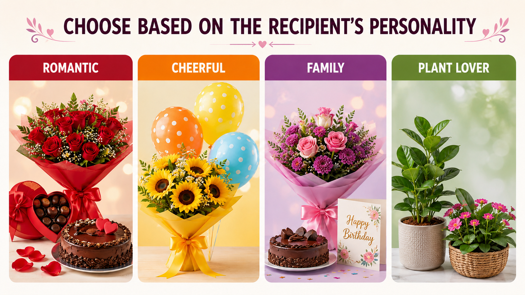 A guide suggesting flower gift combinations chosen based on the recipient’s personality, highlighting different styles of floral arrangements suited for various traits such as romantic, cheerful, elegant, and nature-loving personalities