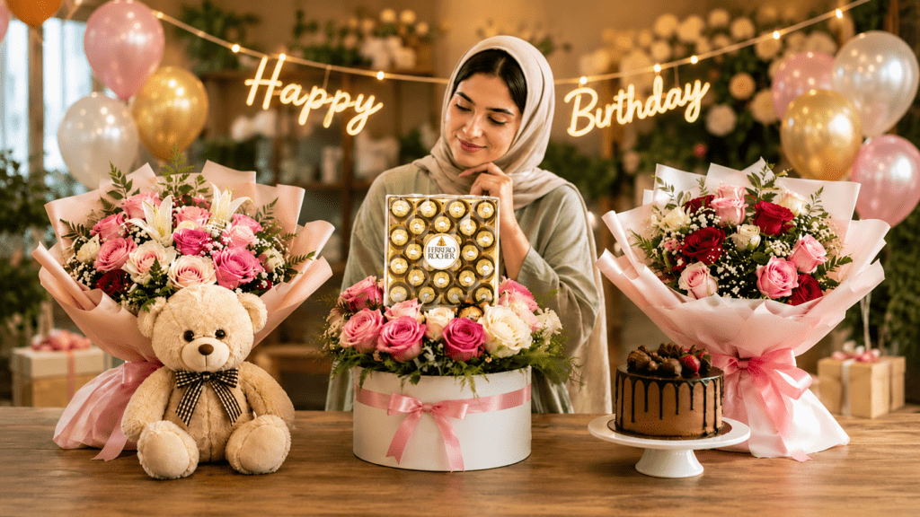 "Luxury birthday flower combo in Oman featuring a fresh hand-tied bouquet with birthday cake, chocolates, balloons, and a gift, perfect for birthday celebrations and same-day delivery.