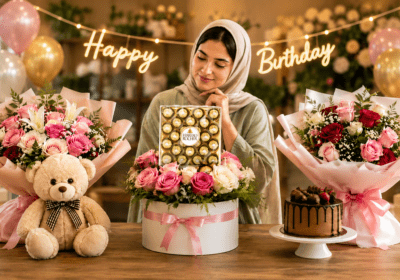 "Luxury birthday flower combo in Oman featuring a fresh hand-tied bouquet with birthday cake, chocolates, balloons, and a gift, perfect for birthday celebrations and same-day delivery.