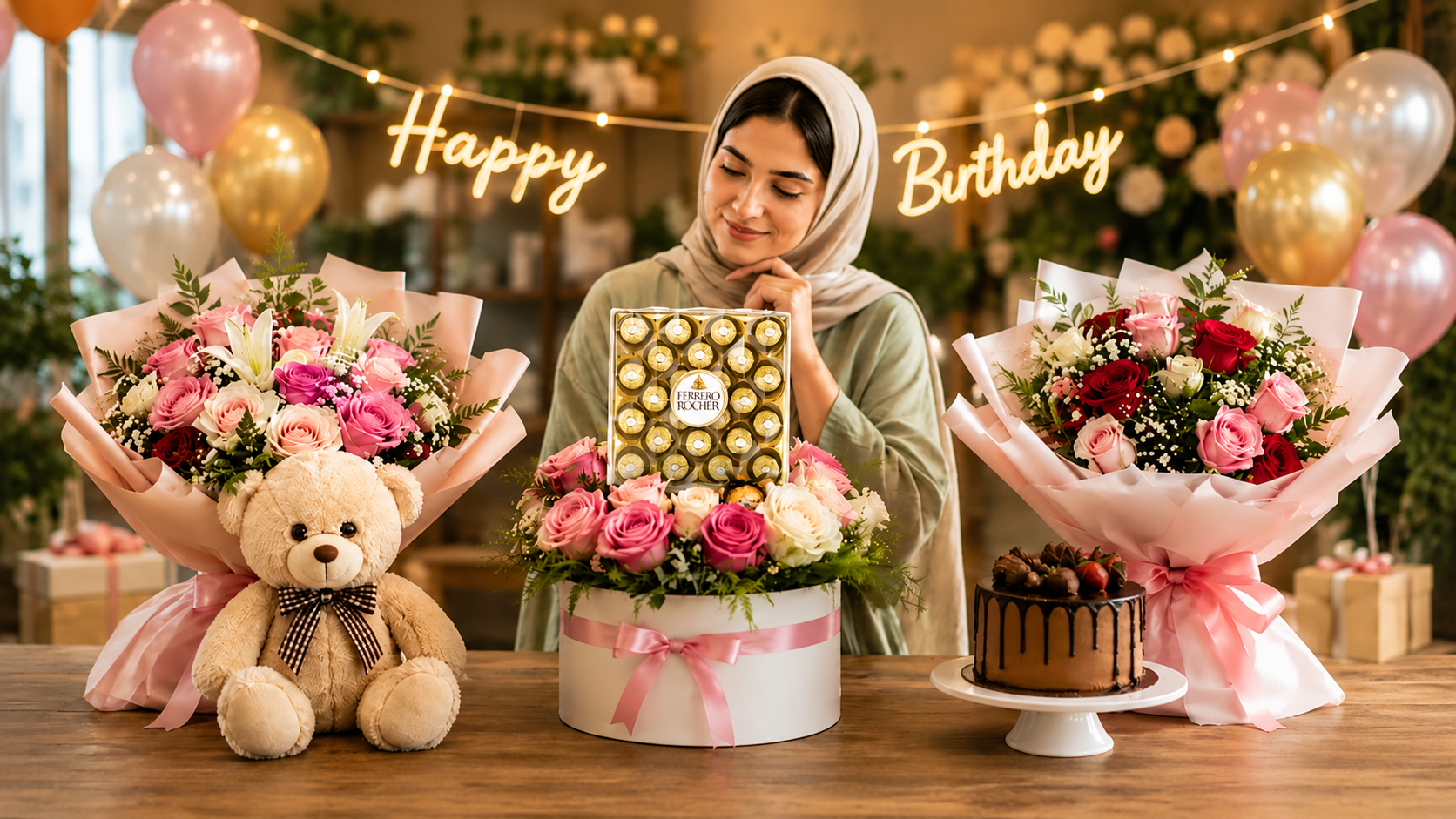 "Luxury birthday flower combo in Oman featuring a fresh hand-tied bouquet with birthday cake, chocolates, balloons, and a gift, perfect for birthday celebrations and same-day delivery.